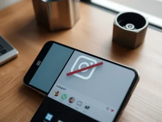 Smartphone displaying Instagram app with AI editing feature icon crossed out on a desk