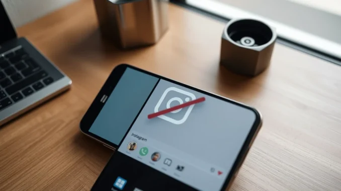 Smartphone displaying Instagram app with AI editing feature icon crossed out on a desk
