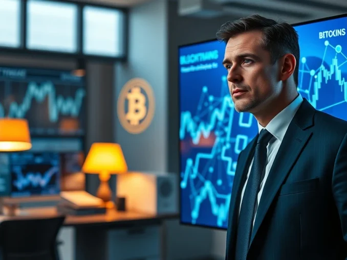 Michael Saylor standing next to a Bitcoin-themed screen in a modern office, looking contemplative.