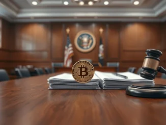 A Bitcoin coin and official documents on a council table in a New Hampshire government chamber, representing the rejected Bitcoin bond proposal.