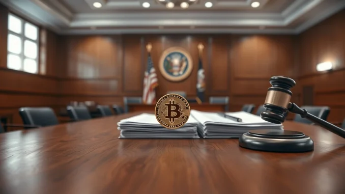 A Bitcoin coin and official documents on a council table in a New Hampshire government chamber, representing the rejected Bitcoin bond proposal.