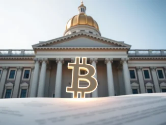 New Hampshire State House with a Bitcoin symbol representing digital asset bonds.