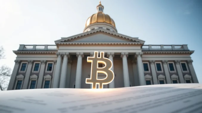 New Hampshire State House with a Bitcoin symbol representing digital asset bonds.