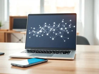 Laptop displaying an AI agent interface with a smartphone nearby in a bright office setting