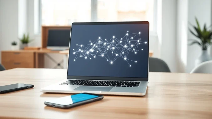 Laptop displaying an AI agent interface with a smartphone nearby in a bright office setting