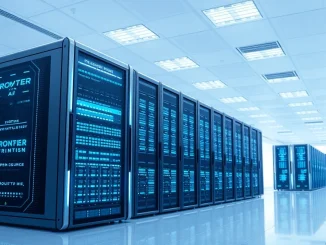 Two-tier AI infrastructure with frontier and open-source server racks in a modern data center.