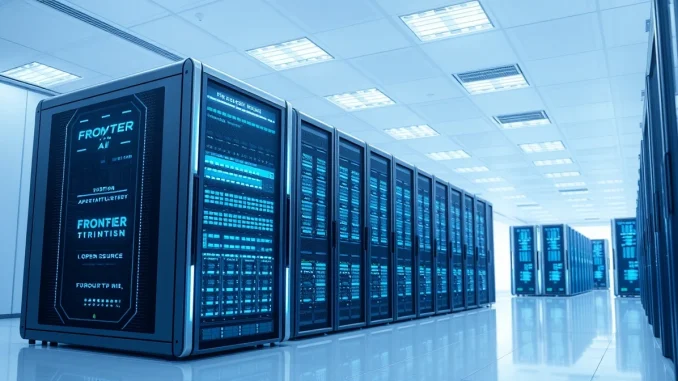 Two-tier AI infrastructure with frontier and open-source server racks in a modern data center.