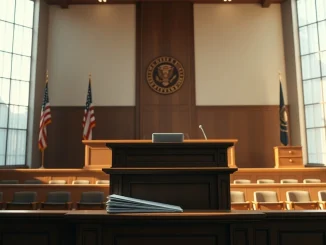 Interior of a courtroom with judge's bench and witness stand, representing the OpenAI copyright trial.