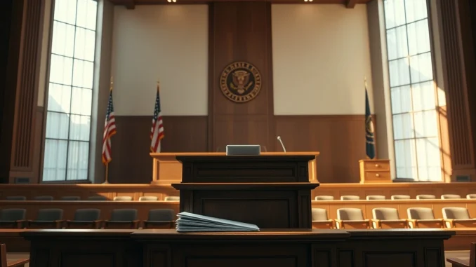 Interior of a courtroom with judge's bench and witness stand, representing the OpenAI copyright trial.