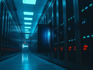 Dimly lit data center server rack with one panel ajar glowing blue, representing a security breach.