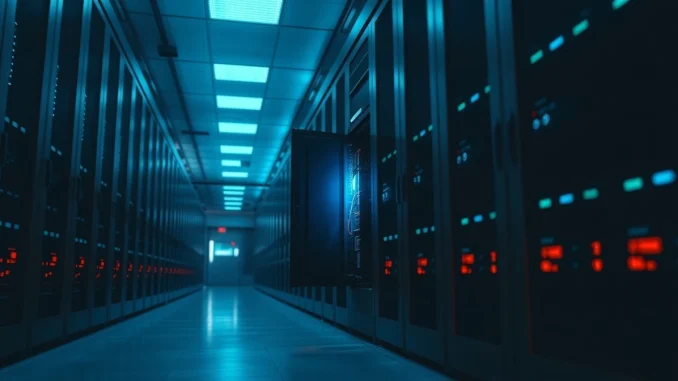 Dimly lit data center server rack with one panel ajar glowing blue, representing a security breach.