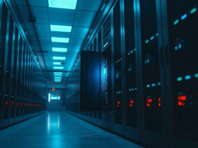 Dimly lit data center server rack with one panel ajar glowing blue, representing a security breach.