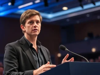 Sam Altman speaking at a tech conference with a serious expression