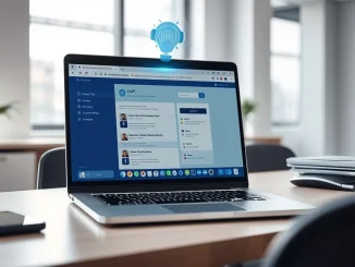 Laptop displaying ChatGPT interface in a modern office setting