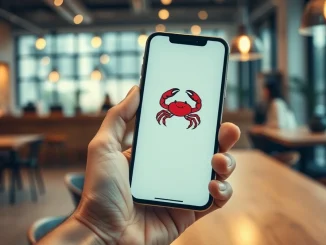 Smartphone displaying OpenClaw AI agent app interface with crustacean icon in a modern workspace setting
