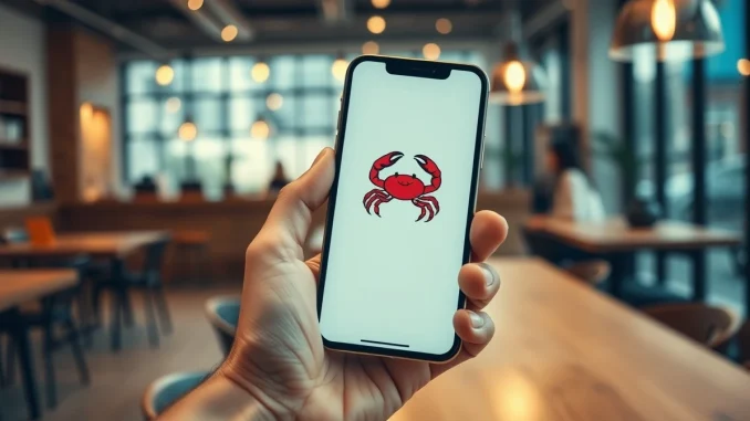 Smartphone displaying OpenClaw AI agent app interface with crustacean icon in a modern workspace setting
