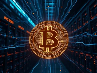 Bitcoin symbol glowing in a futuristic digital network representing Ordinals and blockchain technology.