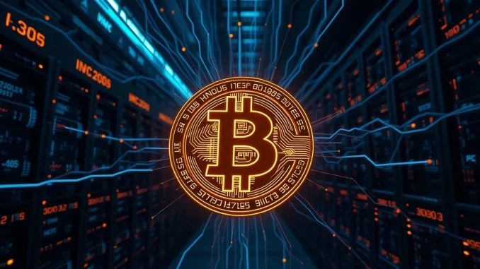 Bitcoin symbol glowing in a futuristic digital network representing Ordinals and blockchain technology.