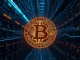 Bitcoin symbol glowing in a futuristic digital network representing Ordinals and blockchain technology.