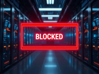 Digital barrier blocking AI crawling bots with red warning symbol in a data center setting