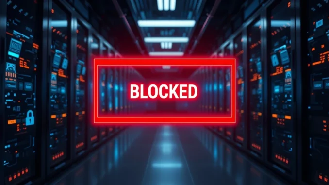 Digital barrier blocking AI crawling bots with red warning symbol in a data center setting