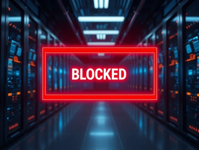 Digital barrier blocking AI crawling bots with red warning symbol in a data center setting