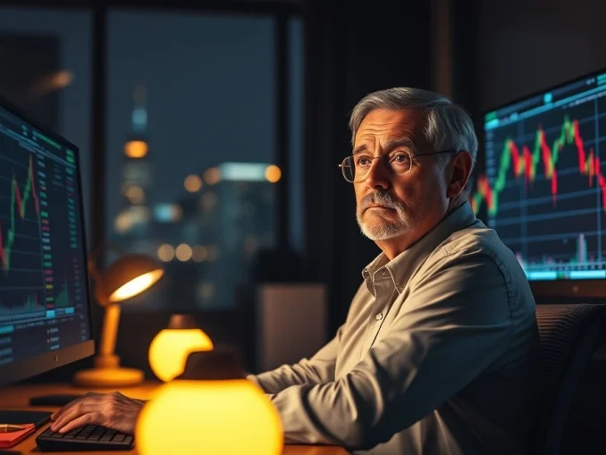Veteran trader Peter Brandt analyzing Bitcoin price charts in a dimly lit trading office