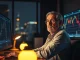Veteran trader Peter Brandt analyzing Bitcoin price charts in a dimly lit trading office