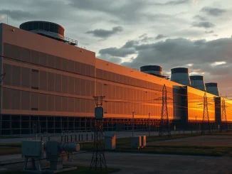 Exterior of a large data center with power lines and substation equipment at dusk.