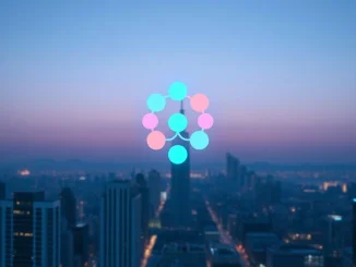 Polkadot symbol glowing above a futuristic city skyline at dusk, representing blockchain technology and price prediction.
