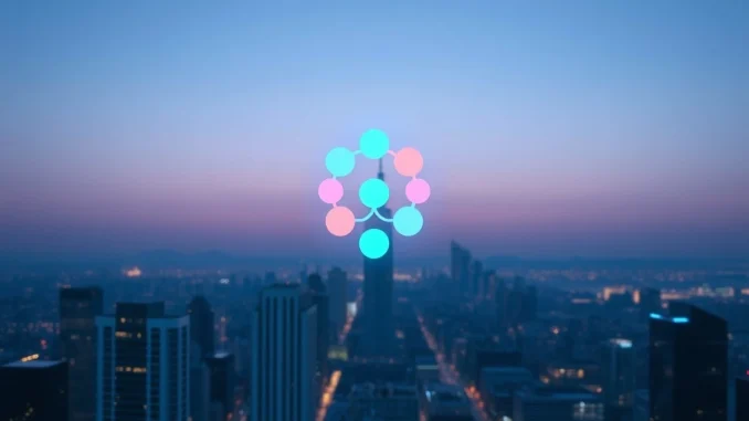 Polkadot symbol glowing above a futuristic city skyline at dusk, representing blockchain technology and price prediction.