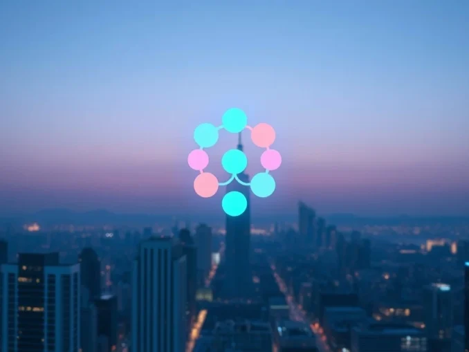 Polkadot symbol glowing above a futuristic city skyline at dusk, representing blockchain technology and price prediction.
