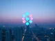 Polkadot symbol glowing above a futuristic city skyline at dusk, representing blockchain technology and price prediction.