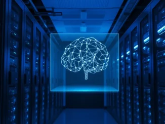 Data center interior with holographic AI neural network over server racks