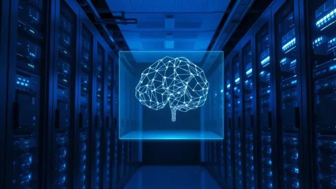 Data center interior with holographic AI neural network over server racks