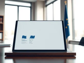 Professional law office desk with digital tablet displaying MiCA compliance software interface and EU flag in background