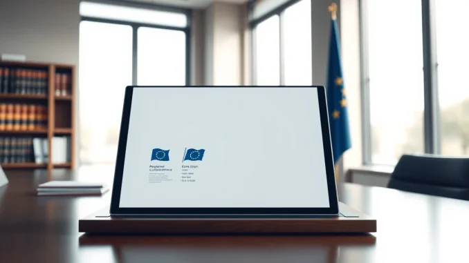 Professional law office desk with digital tablet displaying MiCA compliance software interface and EU flag in background