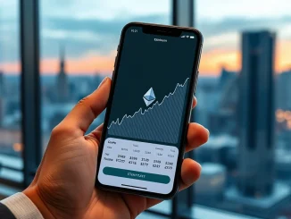 Smartphone displaying Robinhood app with Ethereum price chart surging upward in a professional office setting.