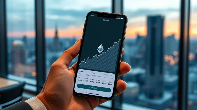 Smartphone displaying Robinhood app with Ethereum price chart surging upward in a professional office setting.