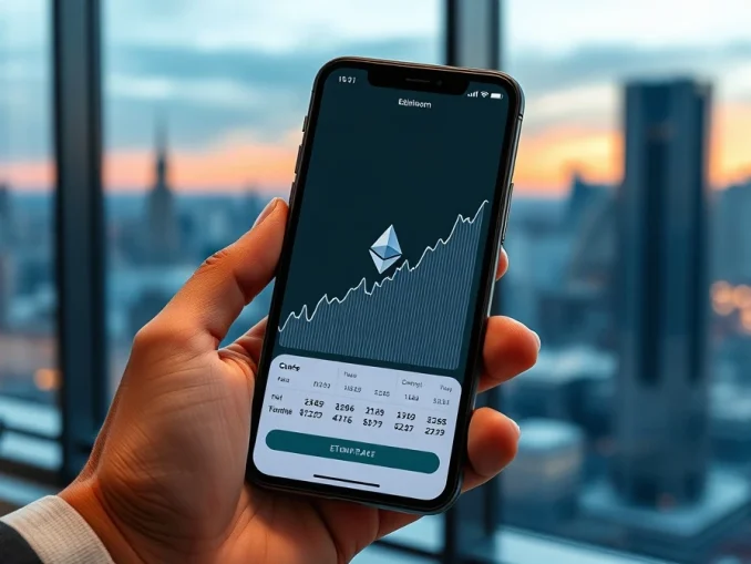 Smartphone displaying Robinhood app with Ethereum price chart surging upward in a professional office setting.