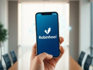 Robinhood app on a smartphone with a blockchain network graphic in the background