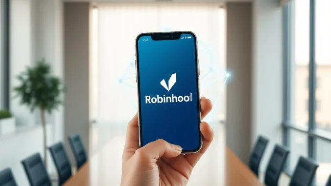 Robinhood app on a smartphone with a blockchain network graphic in the background