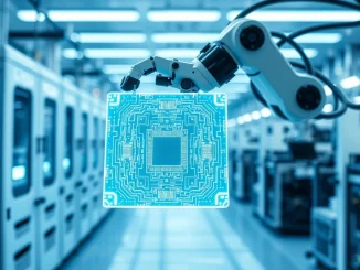 Robotic arm holding a glowing silicon wafer in a semiconductor cleanroom, representing SK Hynix memory chip production.