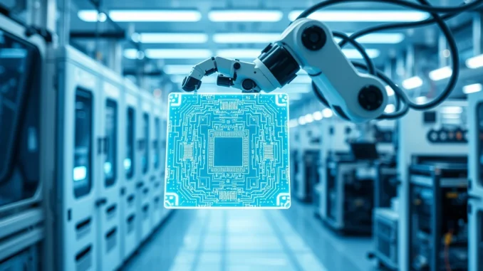 Robotic arm holding a glowing silicon wafer in a semiconductor cleanroom, representing SK Hynix memory chip production.