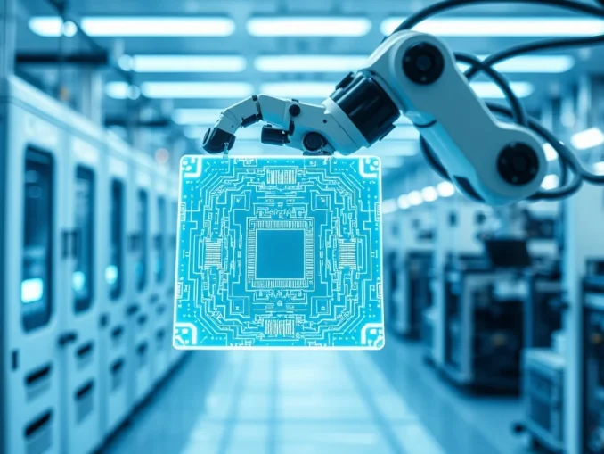 Robotic arm holding a glowing silicon wafer in a semiconductor cleanroom, representing SK Hynix memory chip production.