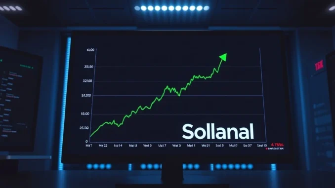 SOL price chart showing an upward trend on a dark trading screen with Solana branding in the background