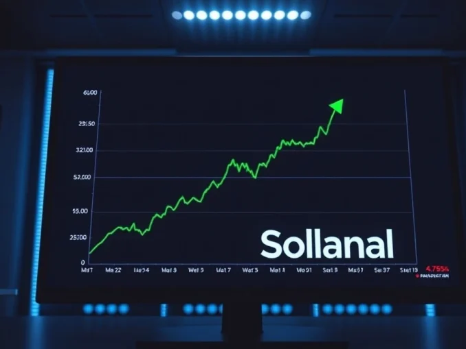 SOL price chart showing an upward trend on a dark trading screen with Solana branding in the background