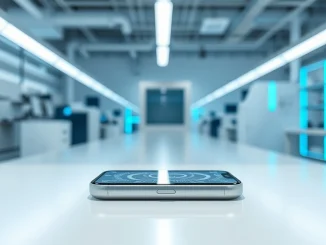 A sleek, handheld AI device prototype on a desk in a modern tech lab, representing SpaceX's reported hardware efforts.
