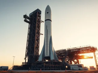 SpaceX Starship rocket on launch pad at sunrise in Boca Chica, Texas