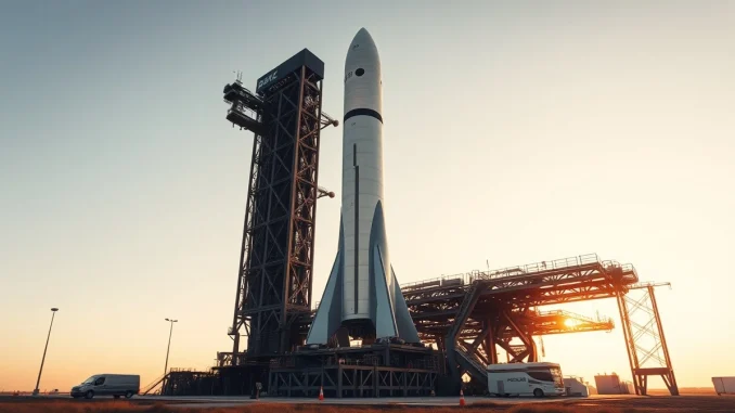 SpaceX Starship rocket on launch pad at sunrise in Boca Chica, Texas